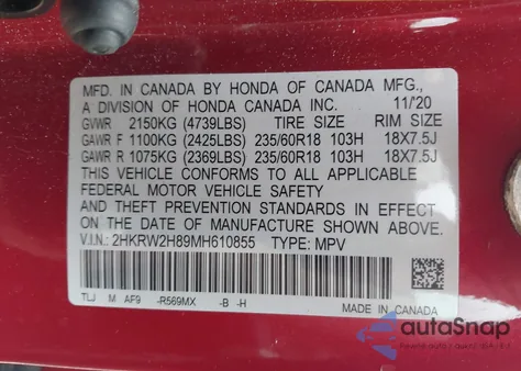 2021 Honda Cr-V Awd Ex-L from USA, damaged, VIN 2HKRW2H89MH610855